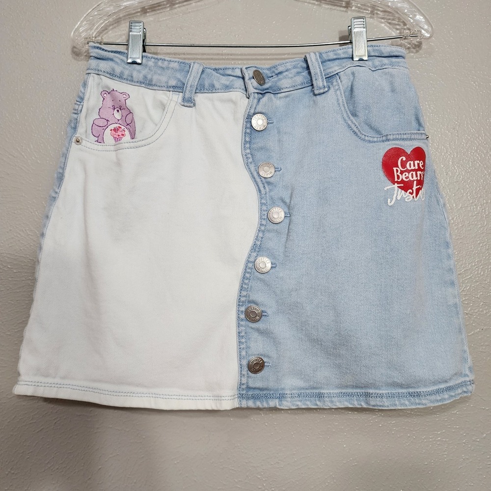 Justice Girls XL Plus Care Bears Two Tone Light Wash Button Denim Skirt